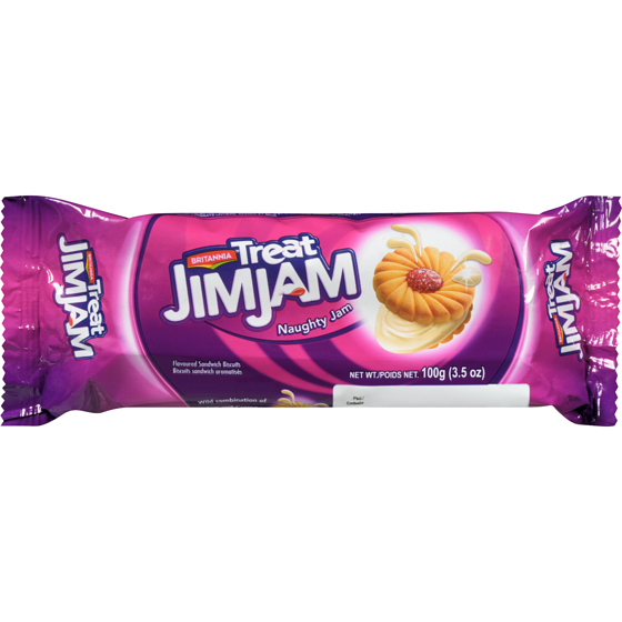 Britannia Treat Jim Jam Flavoured Sandwich Biscuits Naughty Jam 100 g, $1.49/100g