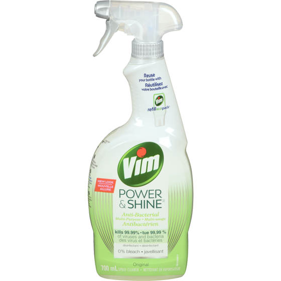 Vim Nettoyant en vaporisateur pour éviers, cuisinières, réfrigérateurs, comptoirs et toilettes Power & Shine Multi-usage Antibactérien tue 99,9 % des virus et bactéries 700 ml, 0,64 $/100ml