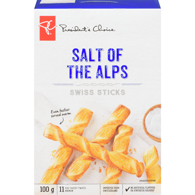 President's Choice Salt of the Alps Swiss Sticks 100 g, $3.50/100g