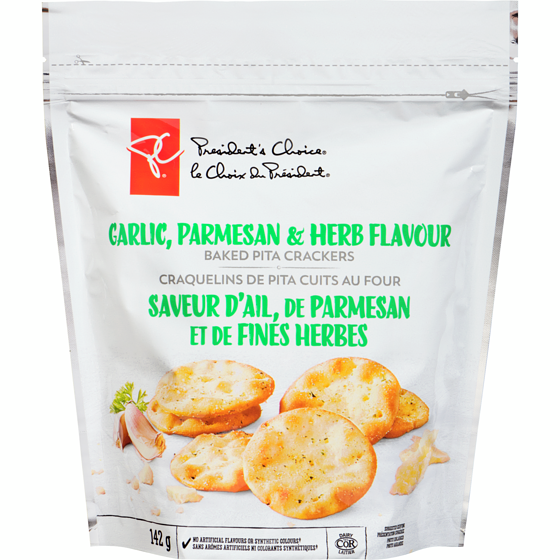 le Choix du Président Craquelins de pita cuits au four, saveur d’ail, de parmesan et de fines herbes 142 g, 2,46 $/100g