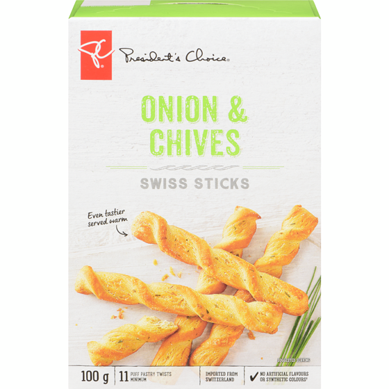 President's Choice Onion & Chives Swiss Sticks 100 g, $3.29/100g