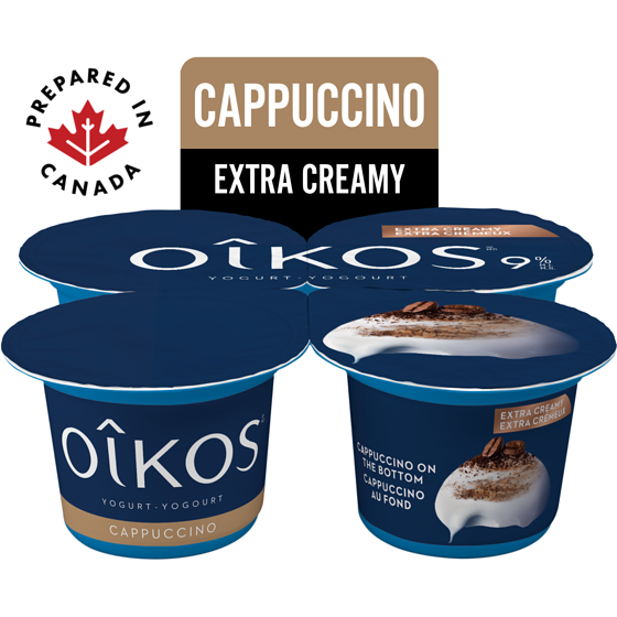 Oikos Extra Creamy Greek Yogurt, Cappuccino, On the Bottom, 9% M.F. 4x95.0 g, $1.31/100g