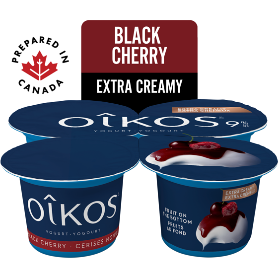 Oikos Extra Creamy Greek Yogurt, Black Cherry, Fruit on the Bottom, 9% M.F. 4x95.0 g, $1.31/100g
