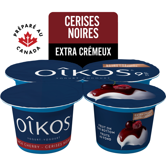 Oikos Yogourt grec, extra crémeux, saveur cerise noir, 9% M.G., fruits au fond 4x95.0 g, 1,13 $/100g