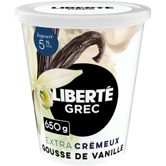 Liberté Grec Yogourt Extra crémeux 5 %, Gousse de vanille, Teneur élevée en protéines 650 g, 1,23 $/100g