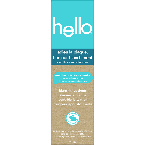 Hello Dentifrice Adieu la plaque sans fluorure, Menthe poivrée 98 ml, 7 132,65 $/100ml