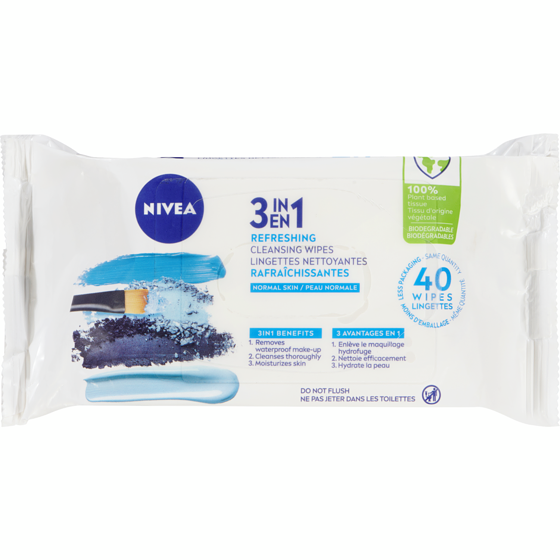 Nivea Biodegradable 3-In-1 Cleansing Wipes Normal Skin 40 ea, $0.25/1ea