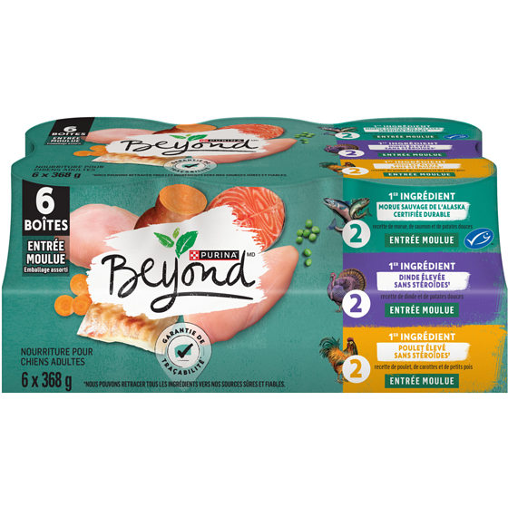 Purina Beyond Sans grains emballage assorti entrée moulue sans grains morue de l’alaska, saumon, poulet et dinde nourriture humide pour chiens 2.21 kg, 0,72 $/100g
