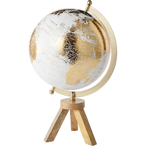 Life at Home Globe on Stand, White Globe with Gold Print, Wood Stand with Gold Accents, 16 in 1 ea, $30.00/1ea