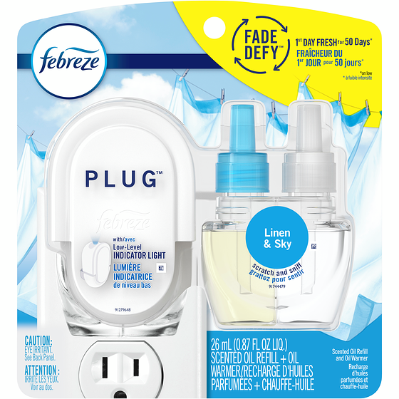 Febreze Trousse d’huile parfumée pour assainisseur d’air Prise, Draps frais, chauffe-huile avec 1 recharge 26 ml, 3,65 $/10ml