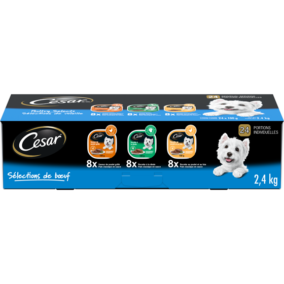 Cesar Nourriture humide pour chiens adultes pain classique en sauce Sélections de volaille – format variété, saveur de poulet, de dinde et au poulet et au foie 2.4 kg, 1,67 $/100g