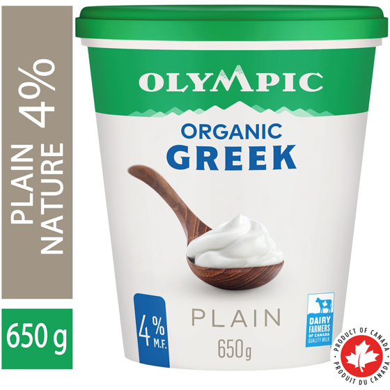 Olympic Organic Greek Plain Yogurt 4% 650 g, $1.31/100g