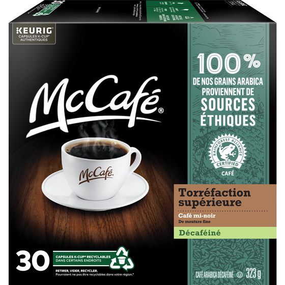 McCafé McCafé Torréfaction Supérieure Moyenne Noire Décaféiné Capsules De Café K-Cup, 30 Unités, Provenant De Sources Éthiques, Pour Les Cafetières Keurig 30 ea, 1,07 $/1ch