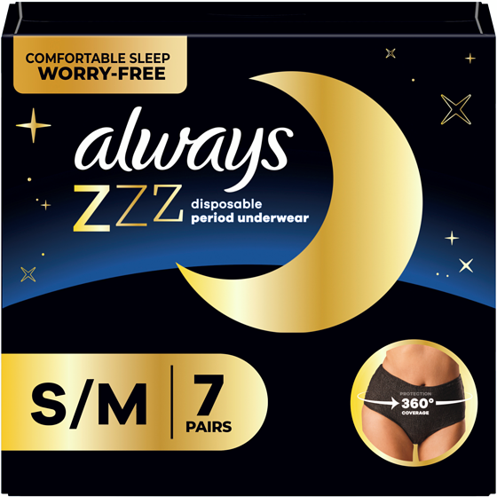 Always Sous-vêtements jetables pour les règles ZZZ de nuit, protection à 360° pour des nuits sans tracas, pour femmes, taille P/M, 7 sous-vêtements 7 ea, 2,00 $/1ch