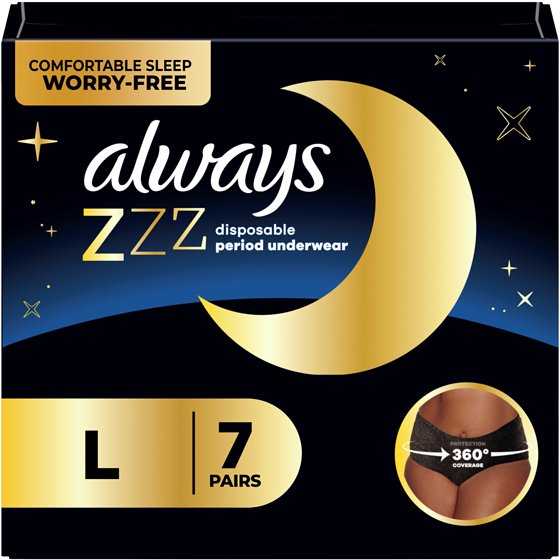 Always Sous-vêtements jetables pour les règles ZZZ de nuit, protection à 360° pour des nuits sans tracas, pour femmes, taille G, 7 sous-vêtements 7 ea, 2,00 $/1ch