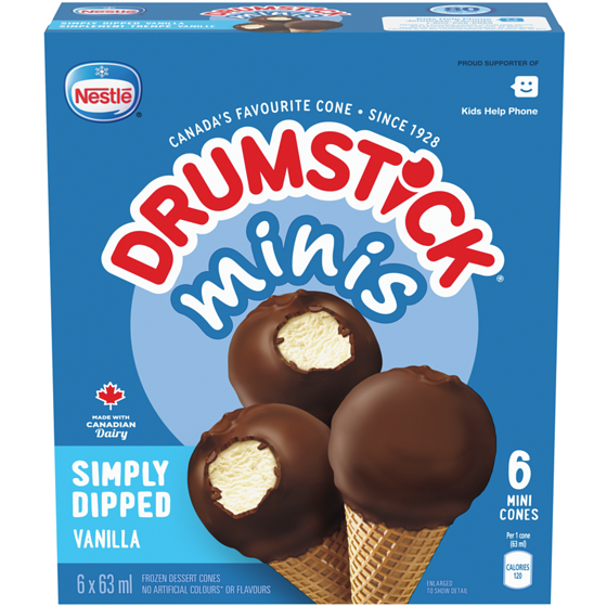 Nestlé Drumstick Minis Simply Dipped Vanilla Frozen Dessert Cones 378 ml, $2.25/100ml
