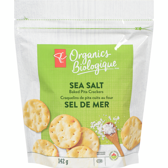 PC Organics Baked Pita Crackers, Sea Salt 142 g, $2.46/100g