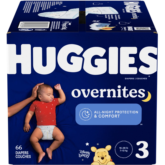 Huggies Couches pour bébé Overnites pour la nuit, taille 3, 66 unités 66 ea, 0,42 $/1ch