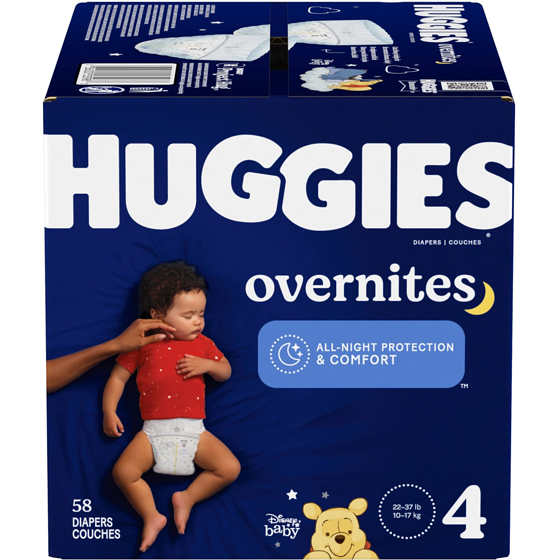 Huggies Couches pour bébé Overnites pour la nuit, taille 4,58 unités 58 ea, 0,62 $/1ch