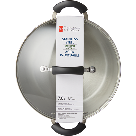 President's Choice President's Choice 8 qt Stainless Steel Stock Pot with Break Resistent Glass Lid and Stay Cool Handles, Encapsulated Base Pods For Even Heat Distribution 1 ea, $27.00/1ea