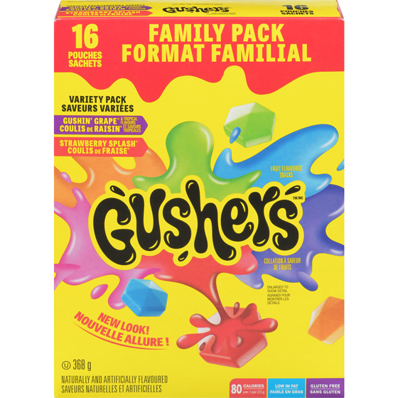 Betty Crocker Gushers Fruit aux Fruits, Saveur Variées, Sans Gluten, Forfait famille 368 g, 2,17 $/100g