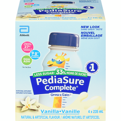 Pediasure Complete Grow & Gain Nutritional Supplement Vanilla, Less Sugar 4 x 235 ml 940 ml, $1.06/100ml