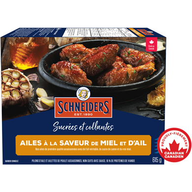 Schneiders Ailes de poulet à la saveur de miel et dail sucrées et collantes 615 g, 2,36 $/100g