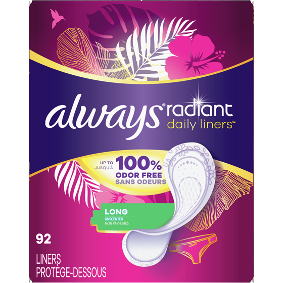 Always Protège-dessous quotidiens Radiant, longs, degré d’absorption léger, jusqu’à 100 % sans odeurs et sans parfum, avec bande adhésive sur toute la longueur Edge-2-Edge, 92 protège-dessous 92 ea, 0,14 $/1ch
