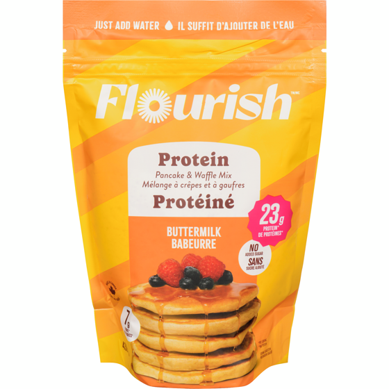 Flourish Mélange à Crêpes et Gaufres Protéiné Babeurre 430 g, 2,56 $/100g