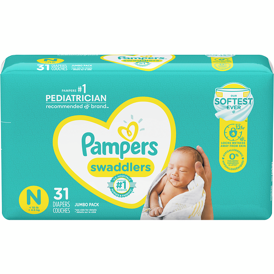 Pampers Couches Swaddlers pour nouveau-nés, taille 0, 31 couches 31 ea, 0,60 $/1ch
