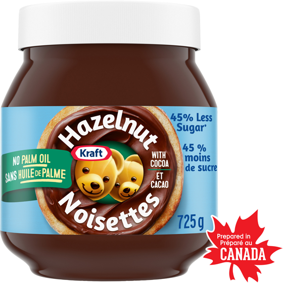 Kraft Tartinade aux noisettes et cacao, moins de sucre 725 g, 1,10 $/100g