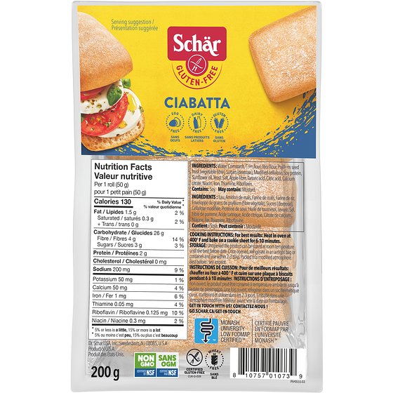 Schar Gluten-Free Ciabatta 200 g, $4.75/100g