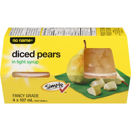 No Name Diced Pears in Light Syrup Fruit Bowls 4x107.0 g, $0.77/100g