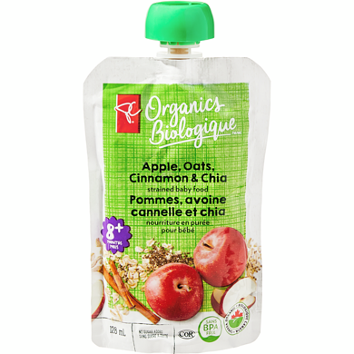 PC Biologique Nourriture en purée Biologique pour bébé – pommes, avoine, cannelle et chia 128 ml, 0,78 $/100g