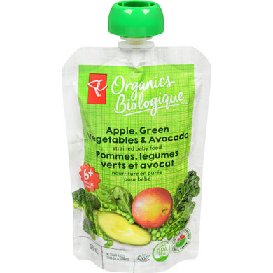 PC Biologique Nourriture en purée pour bébés pommes, legumes verts et avocat 128 ml, 0,78 $/100ml