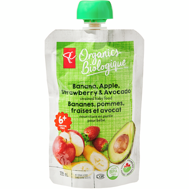PC Organics Organics Banana, Apple, Strawberry, and Avocado Strained Baby Food 128 ml, $1.16/100ml