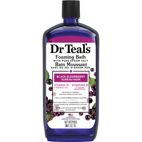Dr. Teal’s Bain Moussant avec du Sel D'Epsom Pur, Sureau Noir Vitamine D et Huiles Essentialles 1000 ml, 1,12 $/100ml