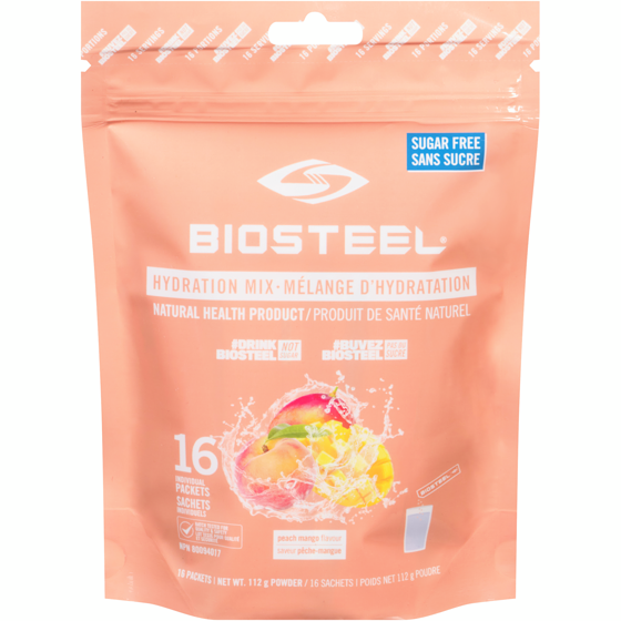 Biosteel Produit de sante naturelle melange hydratation poudre peche mangue sans sucre 16s 112 g, 23,21 $/100g
