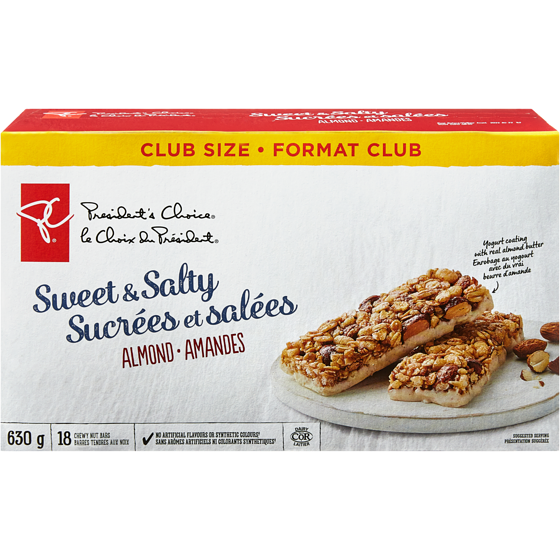 le Choix du Président Barres tendres aux noix sucrées et salées aux amandes, format club 630 g, 1,27 $/100g