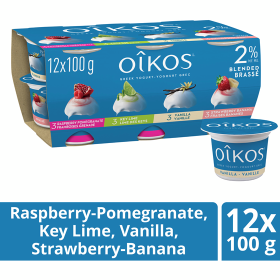 Oikos Greek Yogurt, Raspberry-Pomegranate/Key Lime/Vanilla/Strawberry-Banana, Blended 2% M.F. 12x100.0 g, $1.08/100g