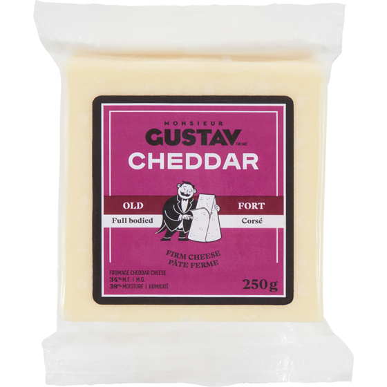 Monsieur Gustav Cheddar Cheese Old White 34% M.F. 250 g, $3.00/100g