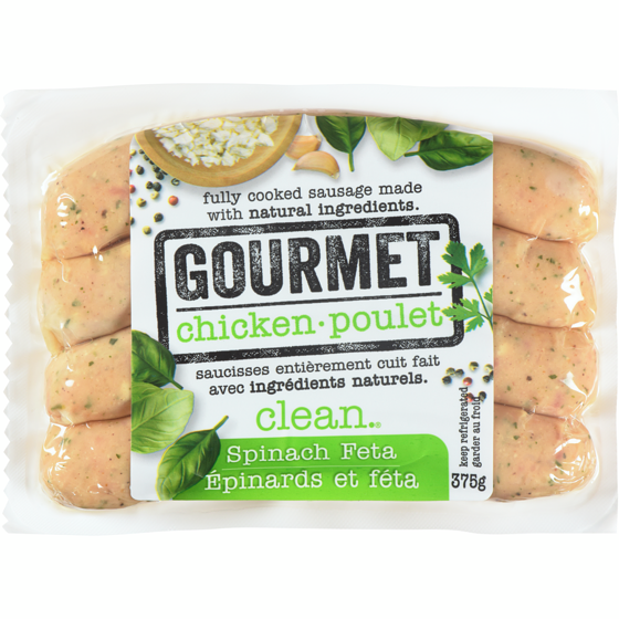 Clean Fully Cooked Sausage Gourmet Chicken Spinach Feta 375 g, $1.86/100g