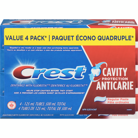 Crest Dentifrice Protection anticarie, dentifrice régulier, 4 x 500 ml, 0,80 $/100ml