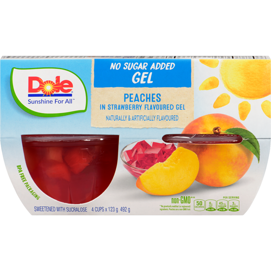 Dole Pêches Dans Une Gelée Aromatisée À La Fraise 492 g, 0,87 $/100g