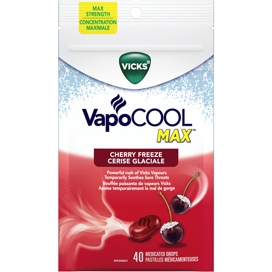Vicks Pastilles médicamenteuses VapoCOOL Max, concentration maximale, apaise le mal de gorge causé par la toux, saveur Cerise glaciale, 40 pastilles 40 ea, 0,14 $/1ch