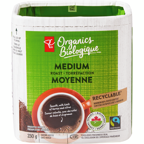 PC Organics Medium Roast Ground Coffee 250 g, $6.00/100g