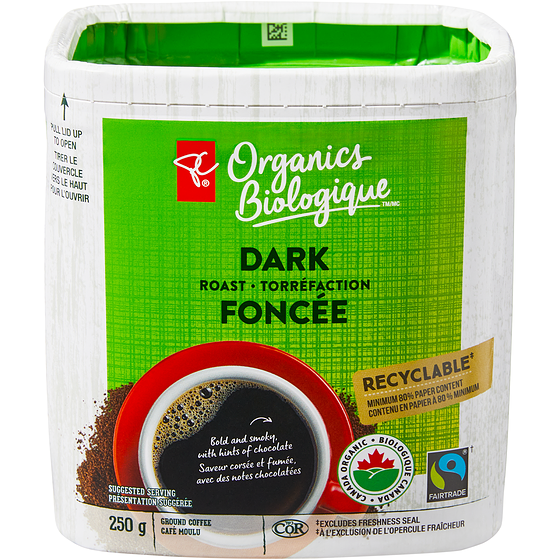 PC Biologique Café moulu biologique à torréfaction foncée 250 g, 6,00 $/100g