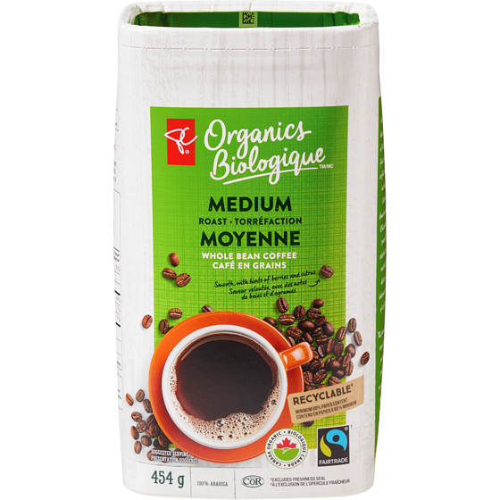 PC Biologique Café en grains Biologique à torréfaction moyenne 454 g, 4,84 $/100g