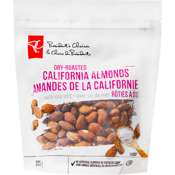 President's Choice Dry Roasted California Almonds with Sea Salt 375 g, $2.53/100g