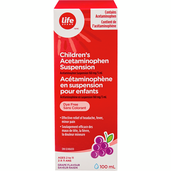 Life Brand Grape Flavour Children's Acetaminophen Suspension 160 mg 100 ml, $6.00/100ml